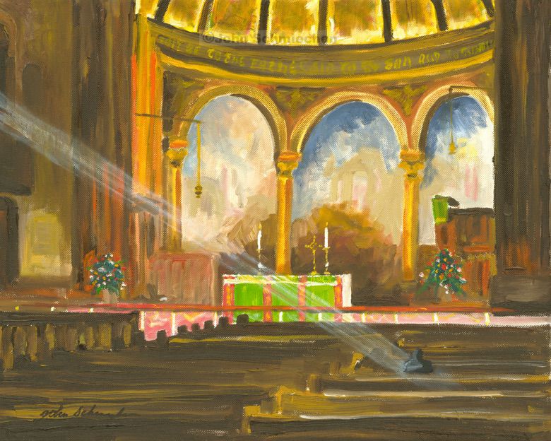 A solitary individual in prayer is depicted within the Church of the Holy Trinity, Episcopal, Rittenhouse Square.